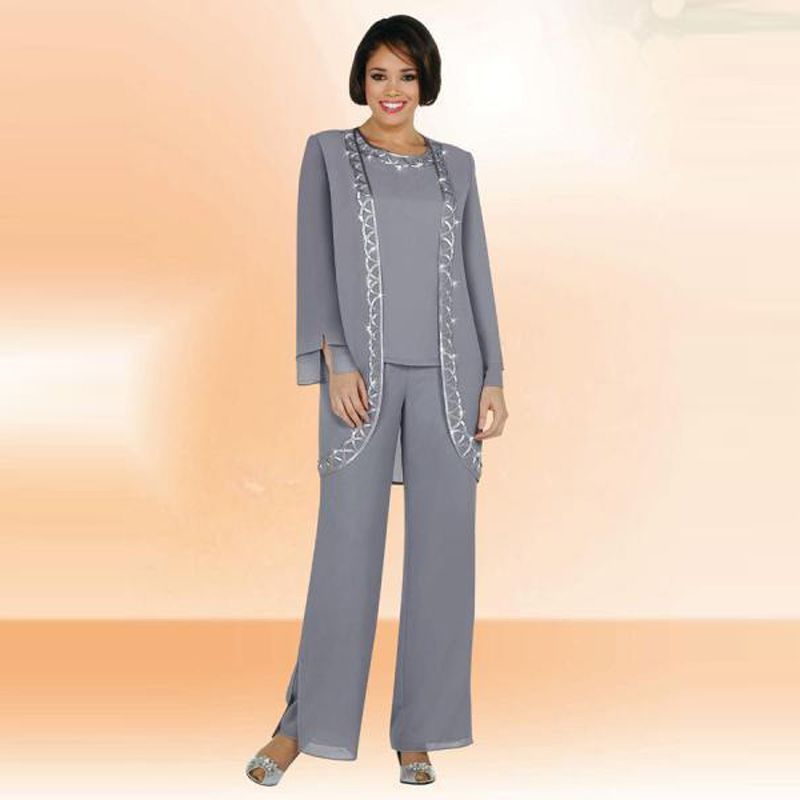 Grey Scoop Mother Of Bride Pant Suit Chiffon Long Sleeve Semi Formal ...