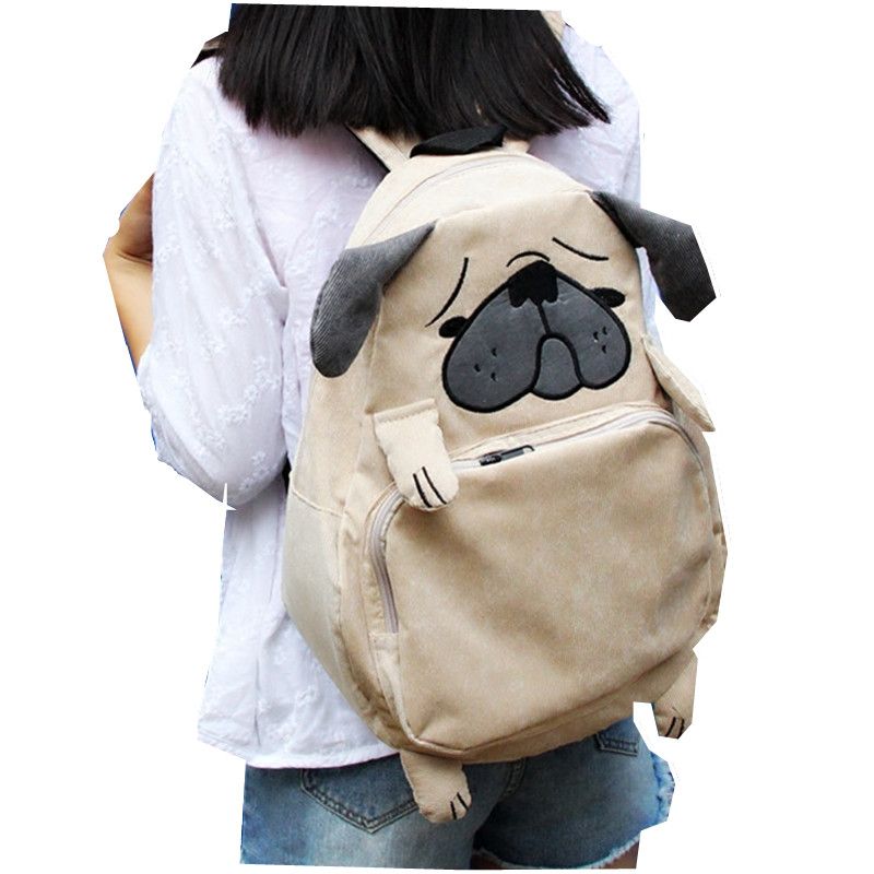 Japanese Animal Design Corduroy Backpacks For Teenage Girls Cute Pug