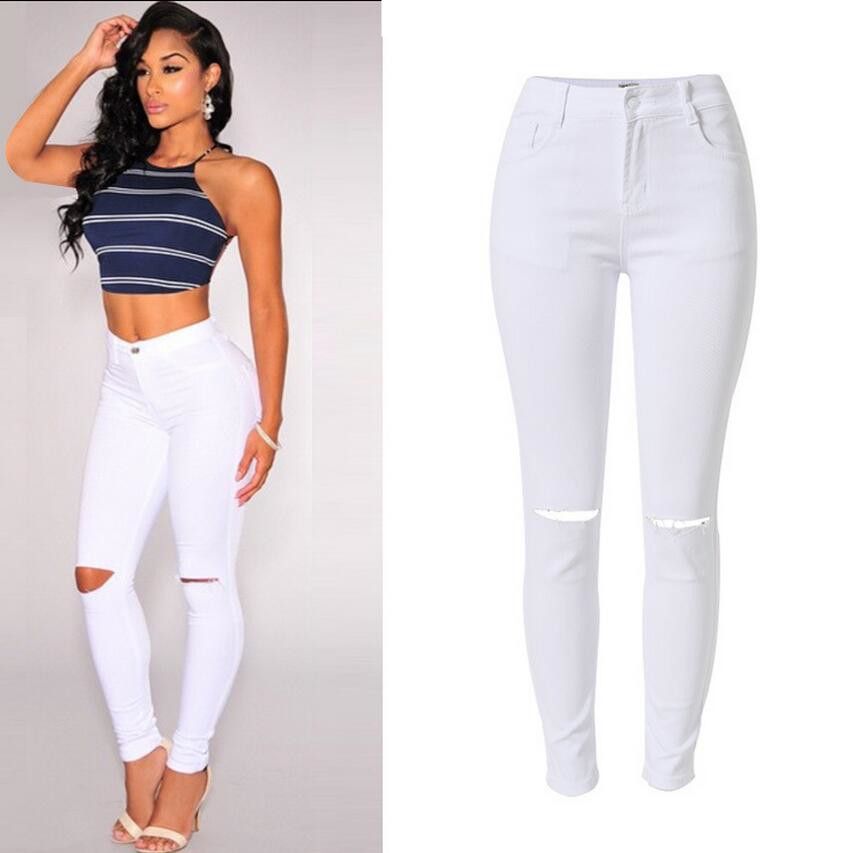 2018 Design Fashion High Waist Skinny Jeans Femme Stretch White Pants Denim With Pockets Hole