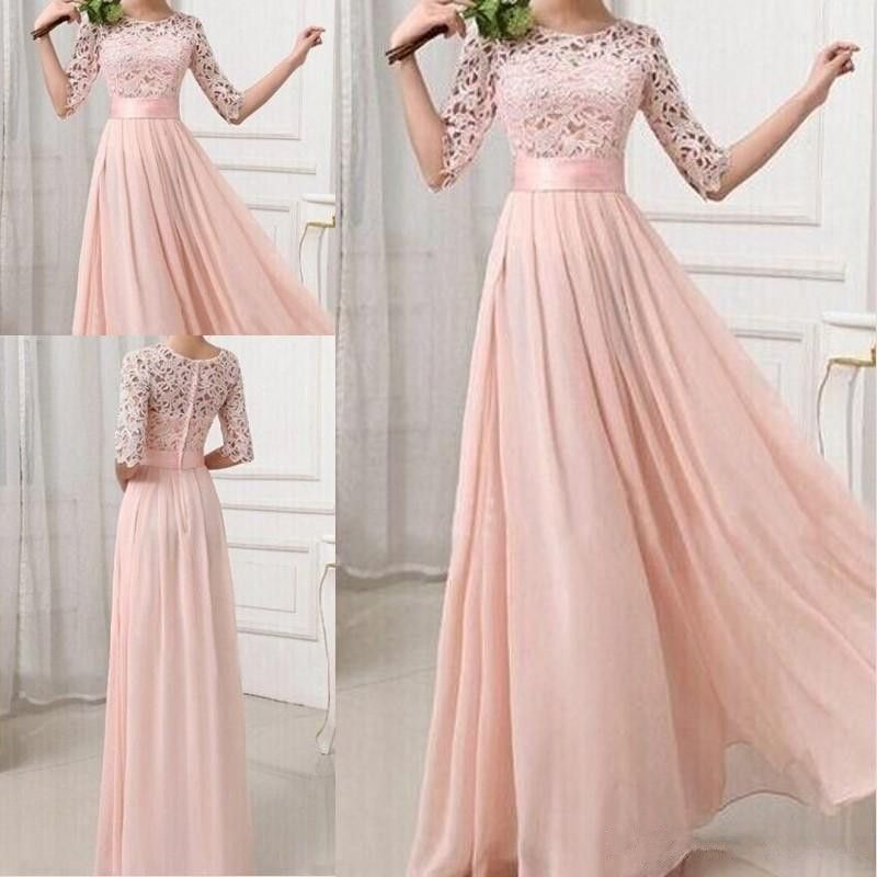 Light Pink Chiffon Lace Bridesmaid Dresses With Half Sleeve Jewel Floor