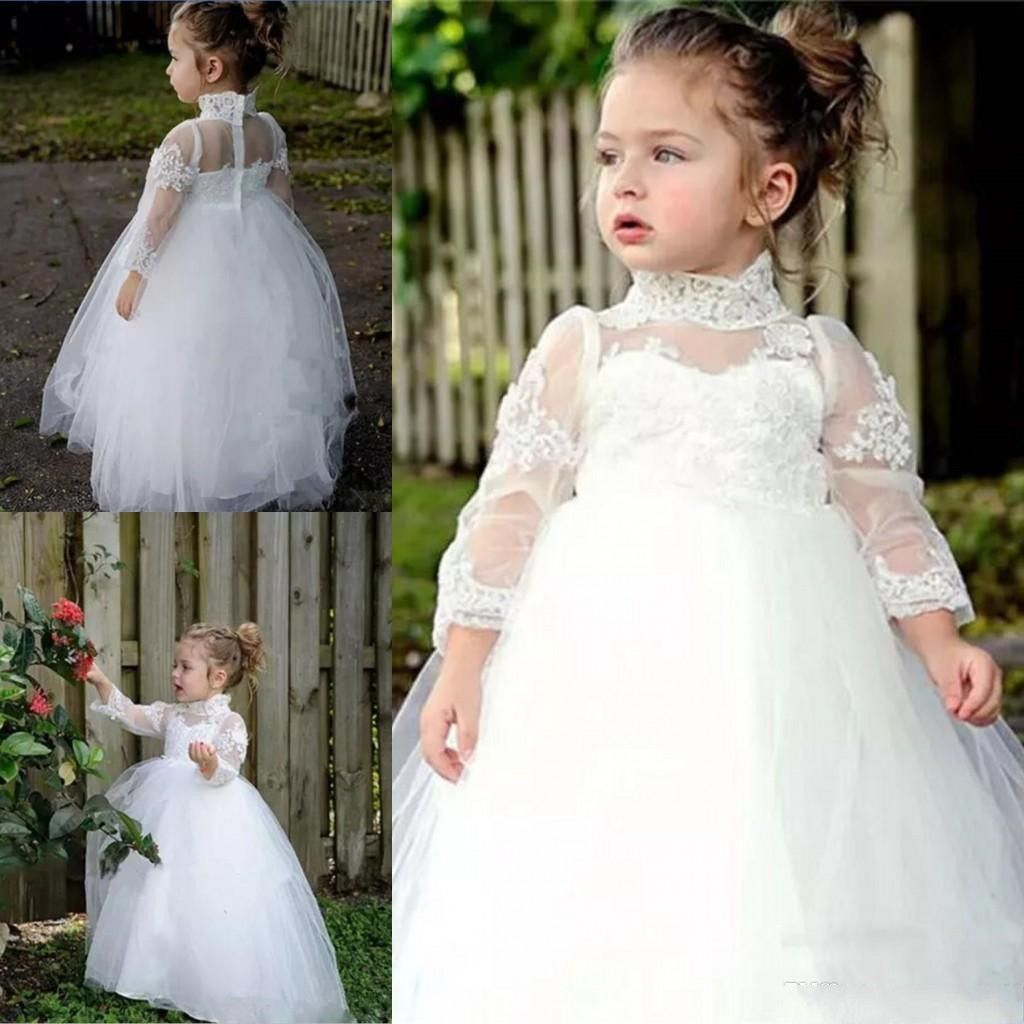 Vintage White Flower Girl Dresses for Weddings Lace High Neck Long ...