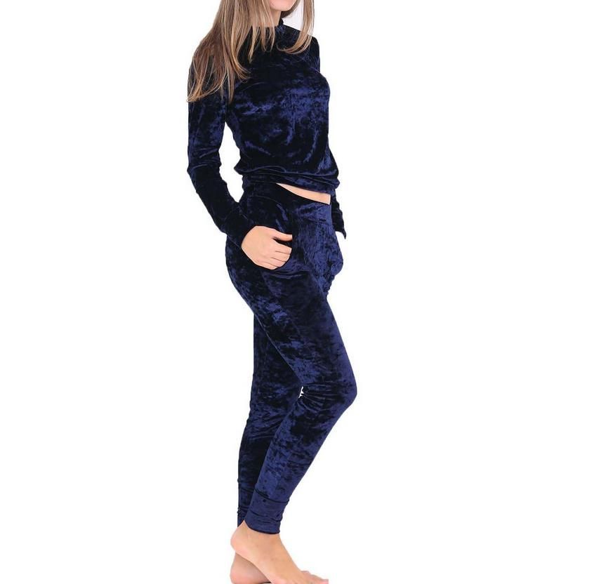 2021 Velvet Tracksuit Two Piece Set Women Sexy Pink Long Sleeve Top And ...