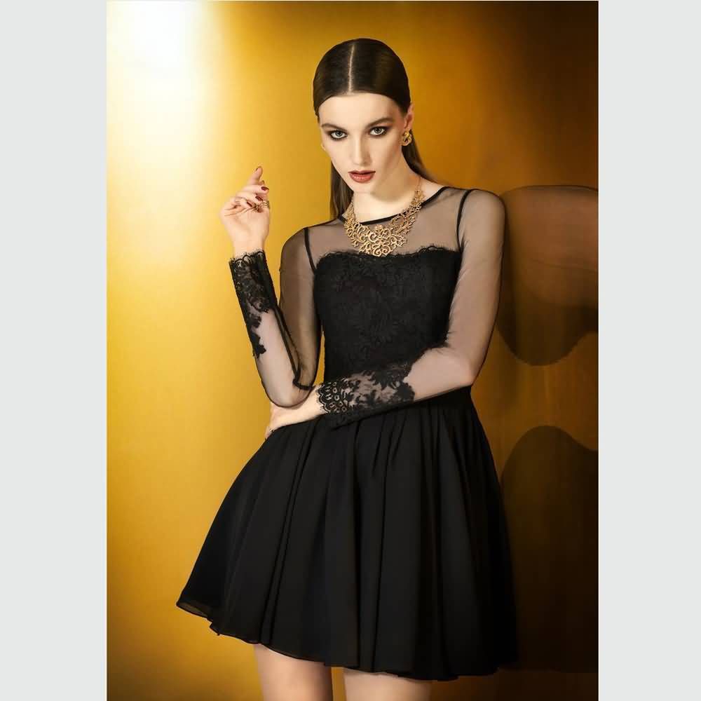 Acheter 2017 Sexy Robe De Soirée Noire De Mode Avec Des Manches Longues Appliques Dentelle En Mousseline De Soie Formelle Robes Noche Robe De Cocktail