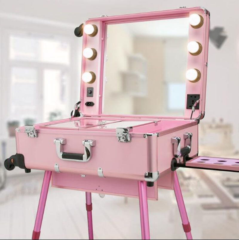 Makeup Artist Train Box With LED Lights Station Trolley Studio Wheeled