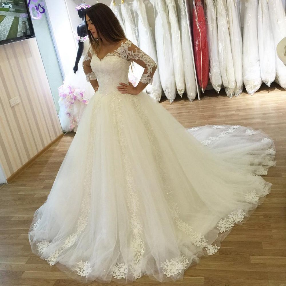 Discount Ivory Lace Long Sleeve Wedding Dresses V Neck Appliques Plus ...