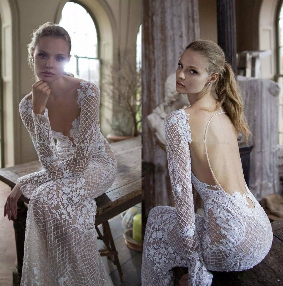2017 Berta Wedding Dresses Long Sleeve Illusion Sexy Lace Mermaid Bridal Gowns Appliques Beaded Plunging Neckline Open Back Dress Ball Gown 2017 Berta Wedding Dresses Long Sleeve Illusion Sexy Lace Mermaid Bridal Gowns Appliques Beaded Plunging Neckline Open Back Dress Ball Gown