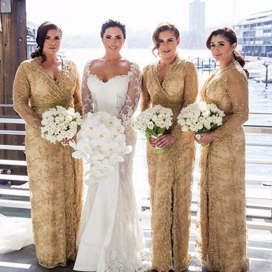 Gold Lace Bridesmaid Dresses 2018 V Neck Plus Size Long Sleeves Maid Of