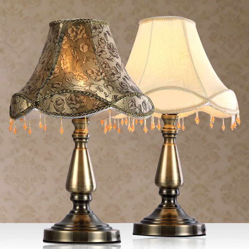 Luxury Beads Hanging Bronze Study Room Desk Lamp Free Europe Fabric Table Traditional Bedroom Living