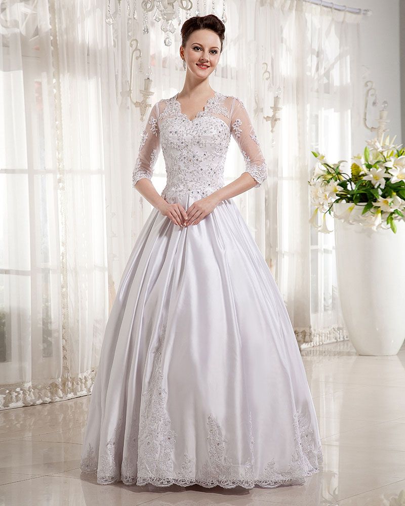 3/4 Quarter Sleeves Wedding Dresses Satin Appliques Aline Bridal