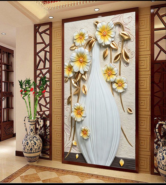 Custom 3d Mural Wallpaper Embossed Flower Vase Stereoscopic Entrance