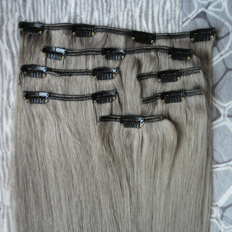Silver Gray Hair Extensions 100g Straight Human Hair Clip Ins Clip In ...