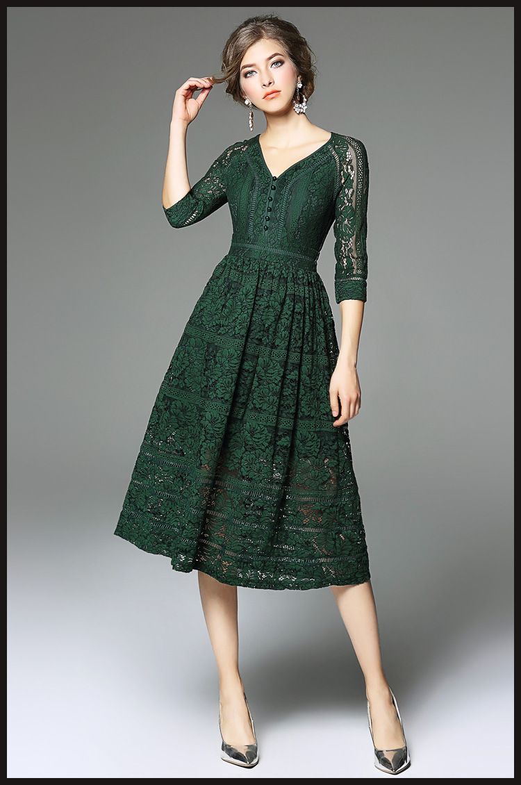 2018 Dark Green Lace Dress 3/4 Sleeves V Neck A Line 2017 