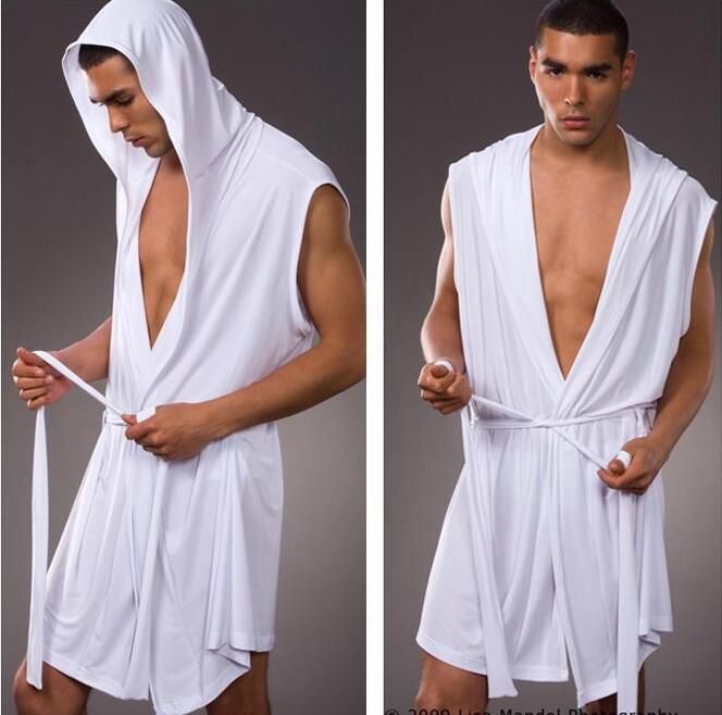 White New Men's Robes Comfortable Casual Bathrobes Sleeveless Viscose Sexy Hooded Robe Homewear