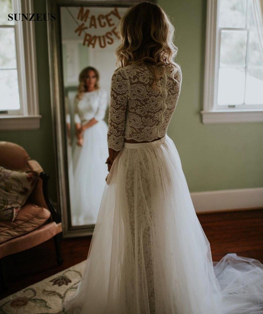 Abito Da Sposa A Due Pezzi Con Maniche Lunghe In Pizzo A Tre Quarti E Lungo Abito  Da Sposa Vintage Con Gonna In Tulle Da 210,45 € | DHgate Italy