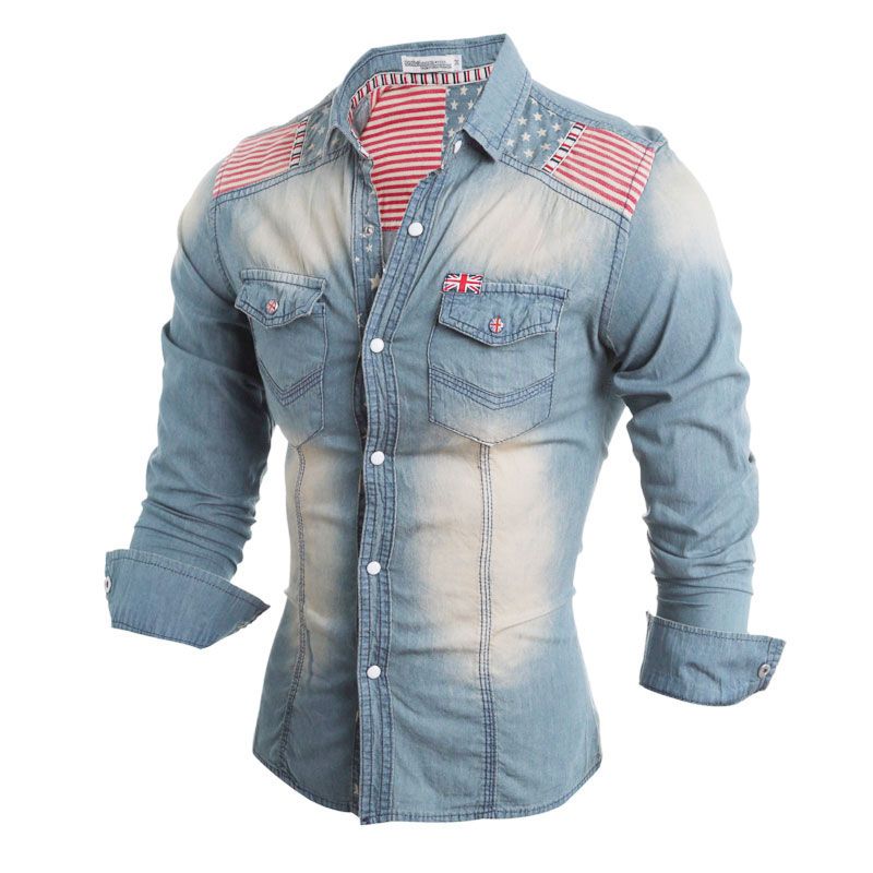 Wholesale Designer Denim Shirts Men Retro Shoulder Strap Striped Star