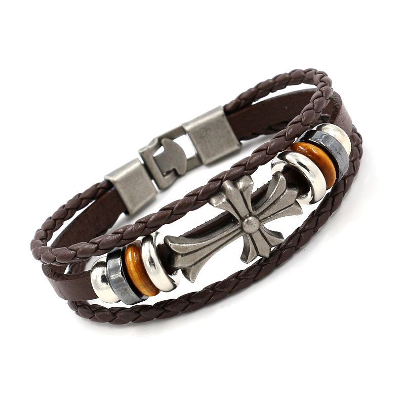 Cross Charm Bracelets Vintage Christian Beadede Multilayer Leather ...