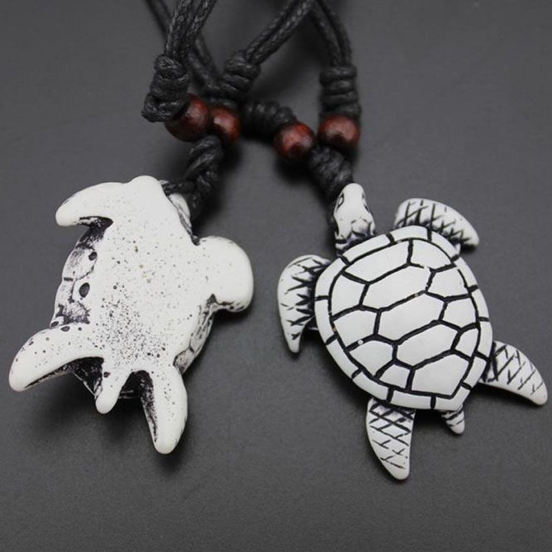 Eleusine Faux Yak Bone White Turtle Carved Left Arm Tie Rope Pendant Black Wax Cord Necklace Jewelry Adjustable White