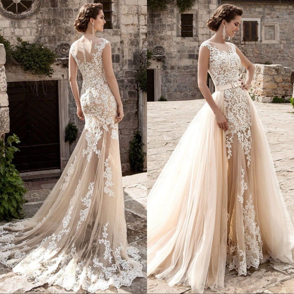 2017 Champagne Lace Beach Wedding Dresses Overskirt Detachable Train