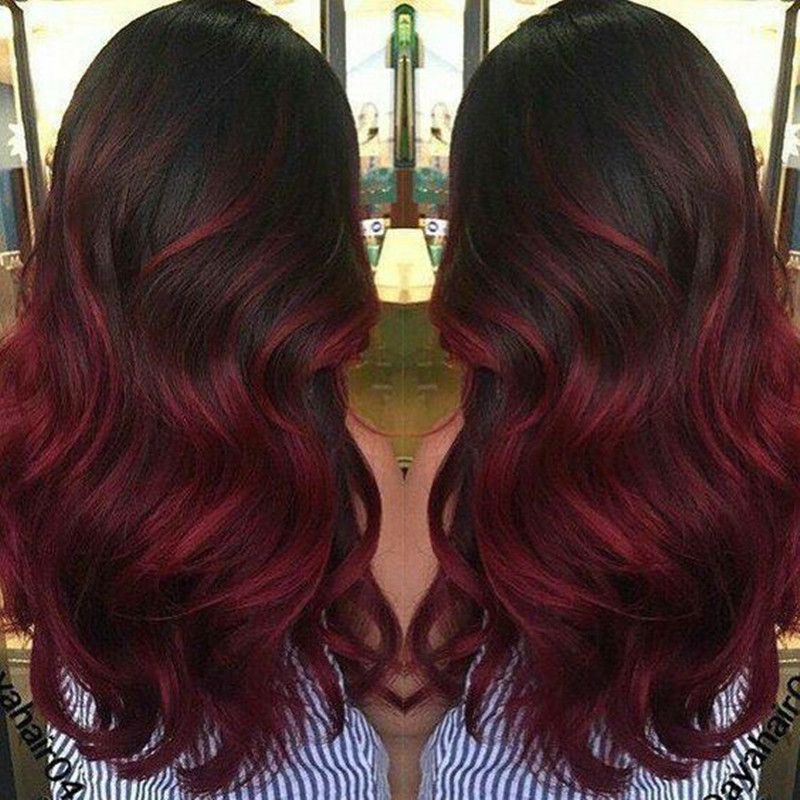 Fashion Women Wigs Black Burgundy Ombre Body Wave Synthetic Lace