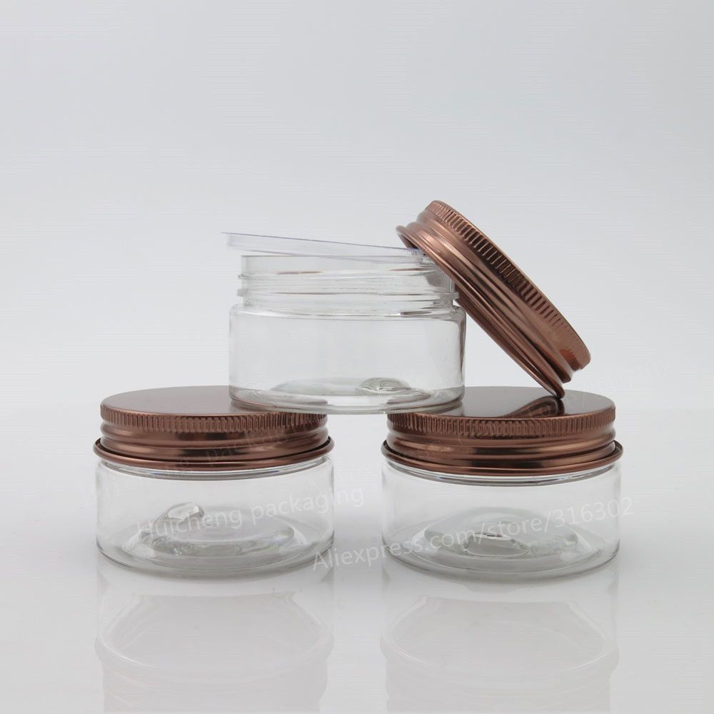 Empty Pet Plastic Jars Aluminum Bronze Lids Clear Pots Cosmetic