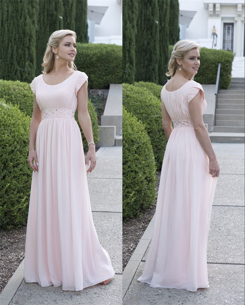 Blushing Pink Modest Bridesmaid Dresses Long With Short Sleeves A Line Pleats Chiffon Floor