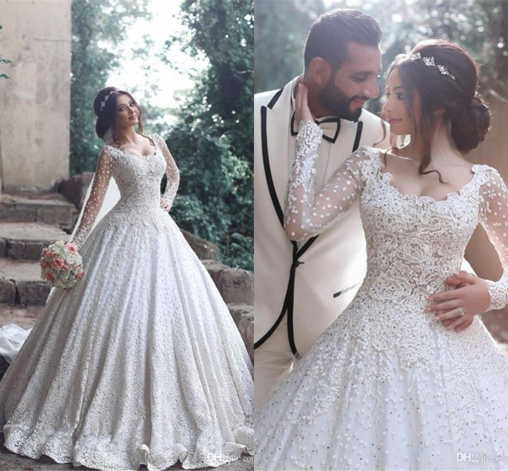Long sleeve beaded ball gown wedding dresses arabic jewel neck l