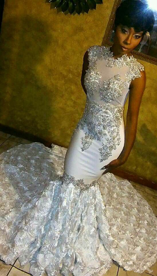 Jewel Neckline White Mermaid Prom Dress With Silver Appliques Cheap ...