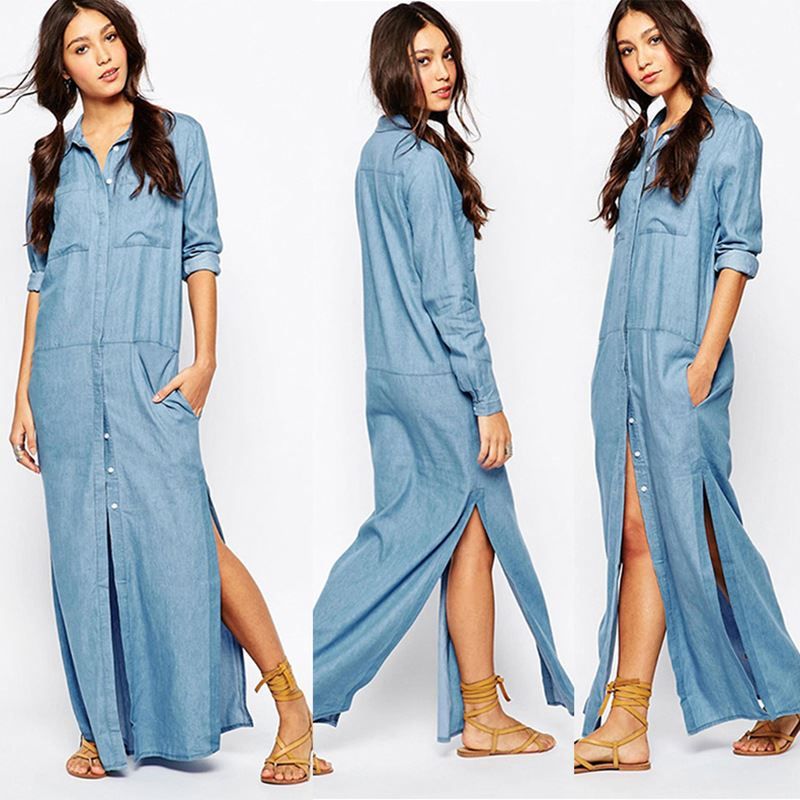 Vintage Long  Denim  Shirt  Dress  Women Lapel Side High Split 