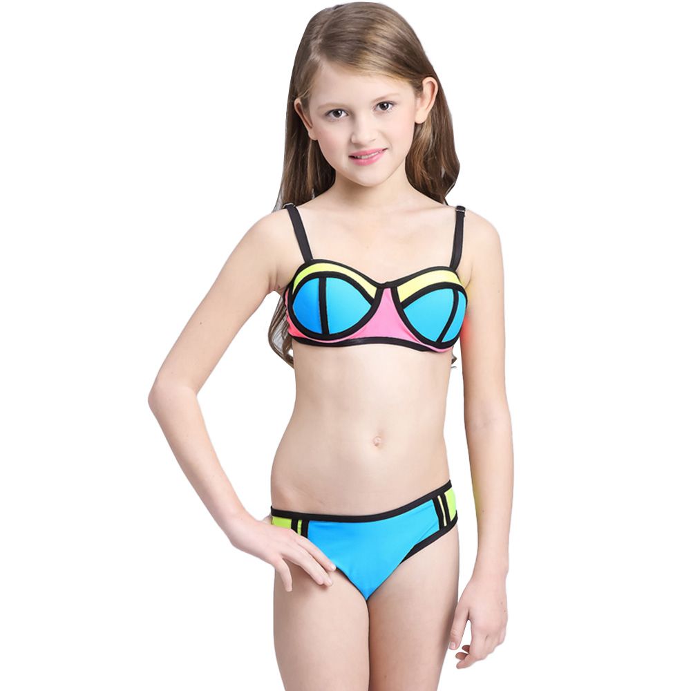 Two-piece girls' bathing suits provide a fun alternative to one-piece styles. Your little girl will feel fabulous at the pool in a classic bikini with a floppy girls' hat to shade her from the sun. Nature-lovers will love an animal-print girls' bikini with cute decorative side ties.