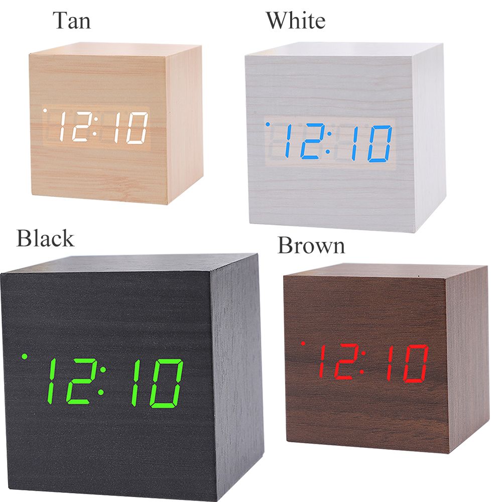 USB/AAA Powered Cube LED Digital Alarm Clock Square Modern Wood Clock