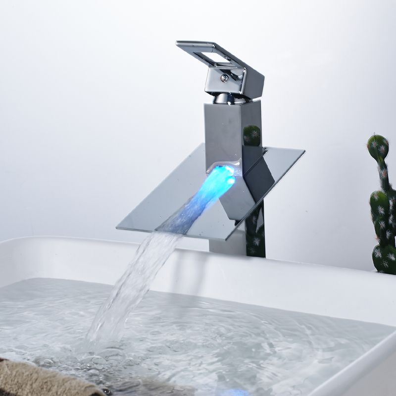 Wholesale And Retail Bathroom Sink Faucet With Led Light Chrome Brass Waterfall Spout Deck Mounted Sink Mixer Tap