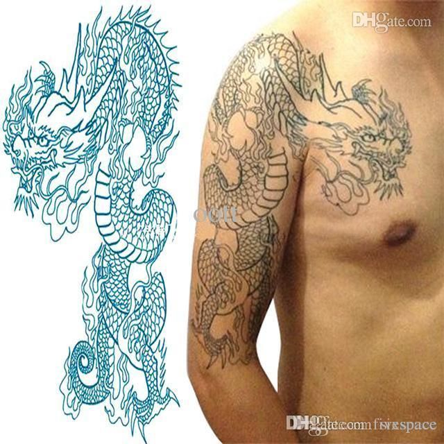 acheter gros dragon tatouage temporaire grand bleu demi bras Épaule