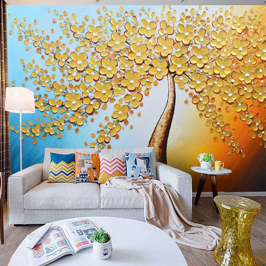 Knife Painting Wall Mural Golden Tree Wallpaper Custom 3d