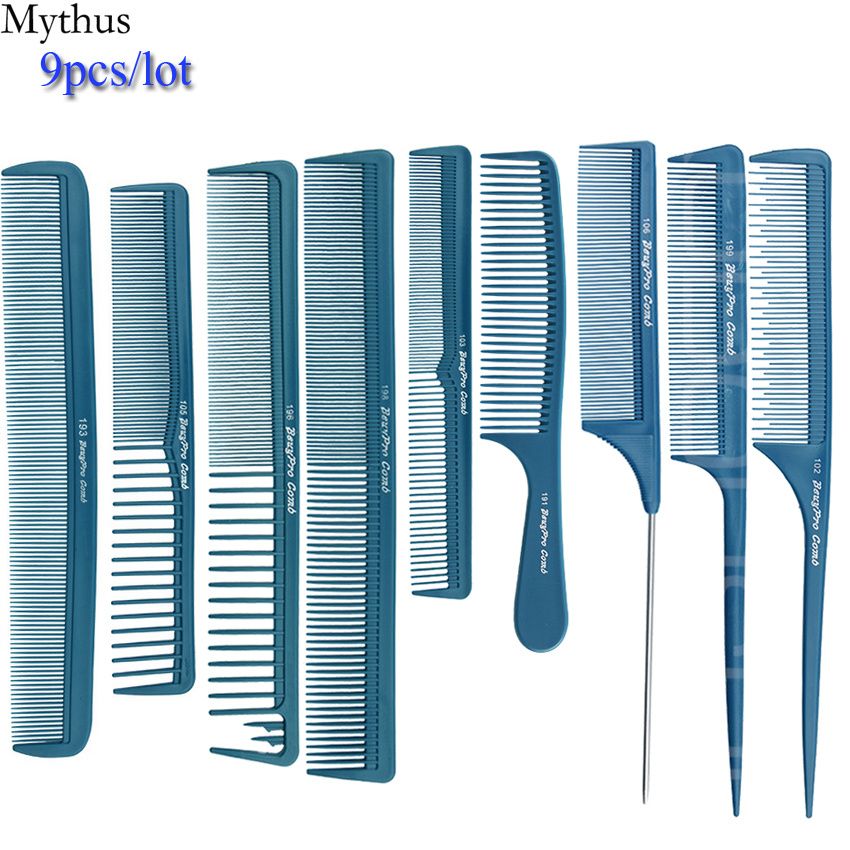 Carbon Hair Comb 9/pcs Lot Blue Hair Cutting Combs Set, Hair Tail Comb in Different Design For Professional Usage, T\u0026G,9