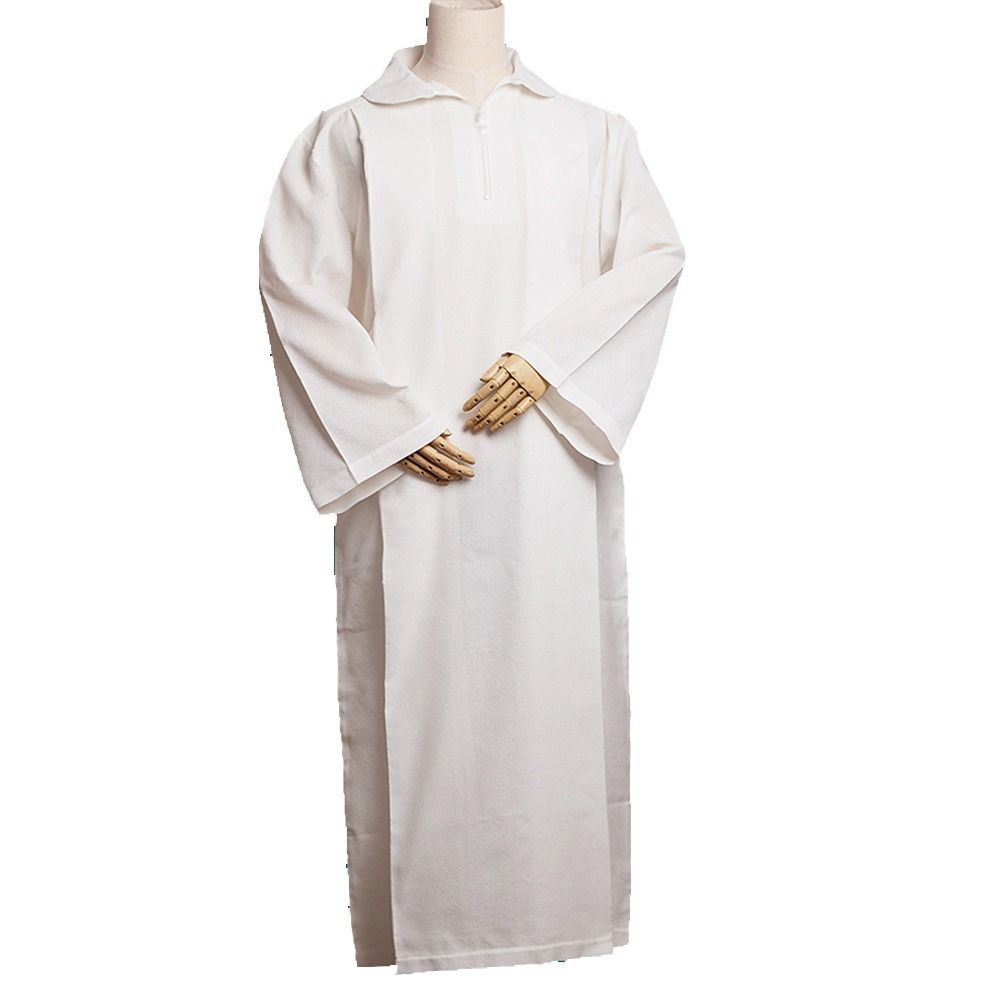 Men Religion Costume Catholic Church Alb White Linen Pleats Robe Altar
