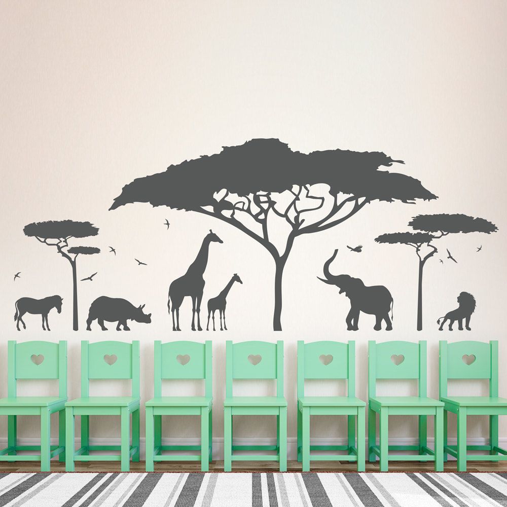 African Safari Animal Wall Sticker Tree Decal Nature Giraffe Art Nursery Decor Diy