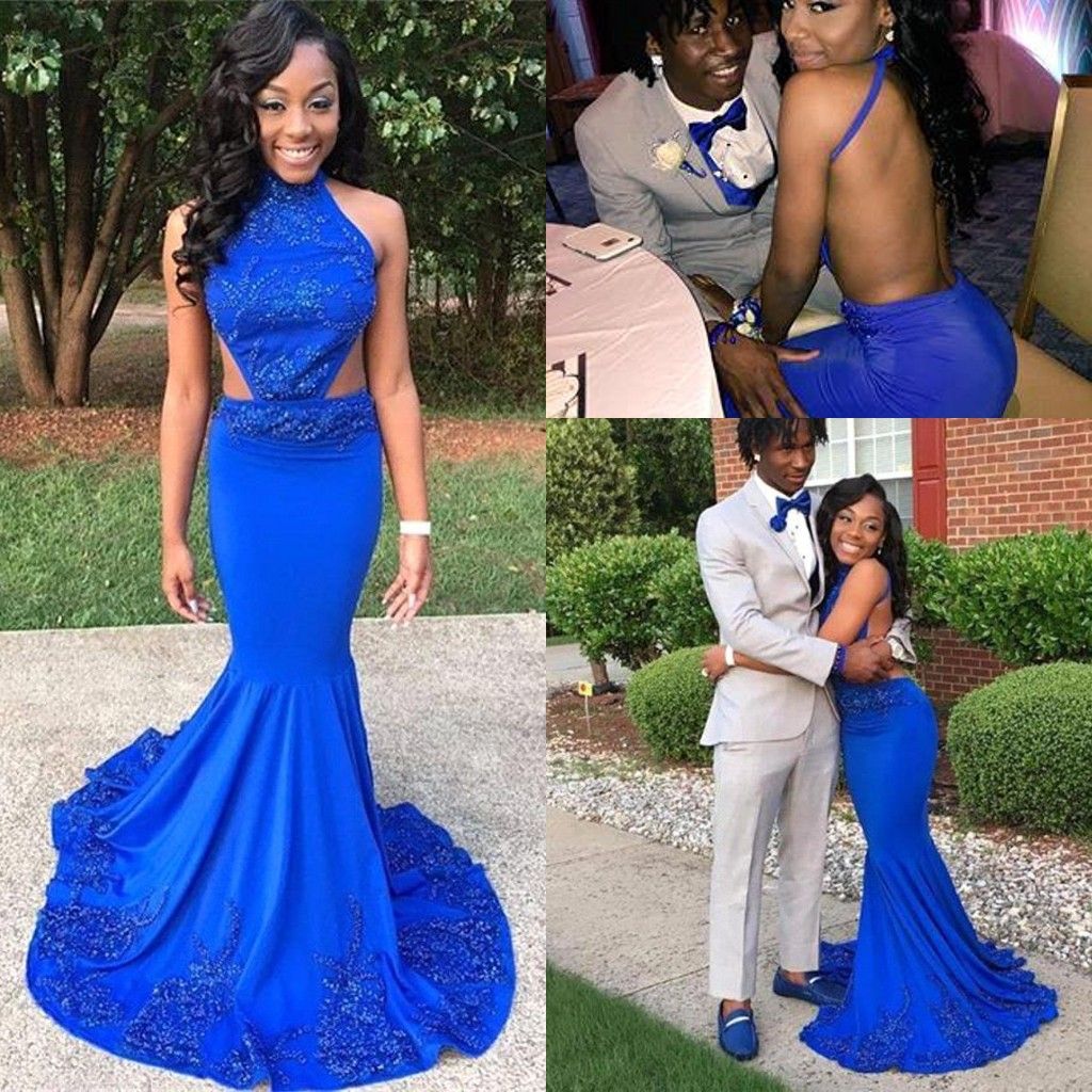African Royal Blue Prom Dresses 2017 Mermaid Sexy Halter Backless ...