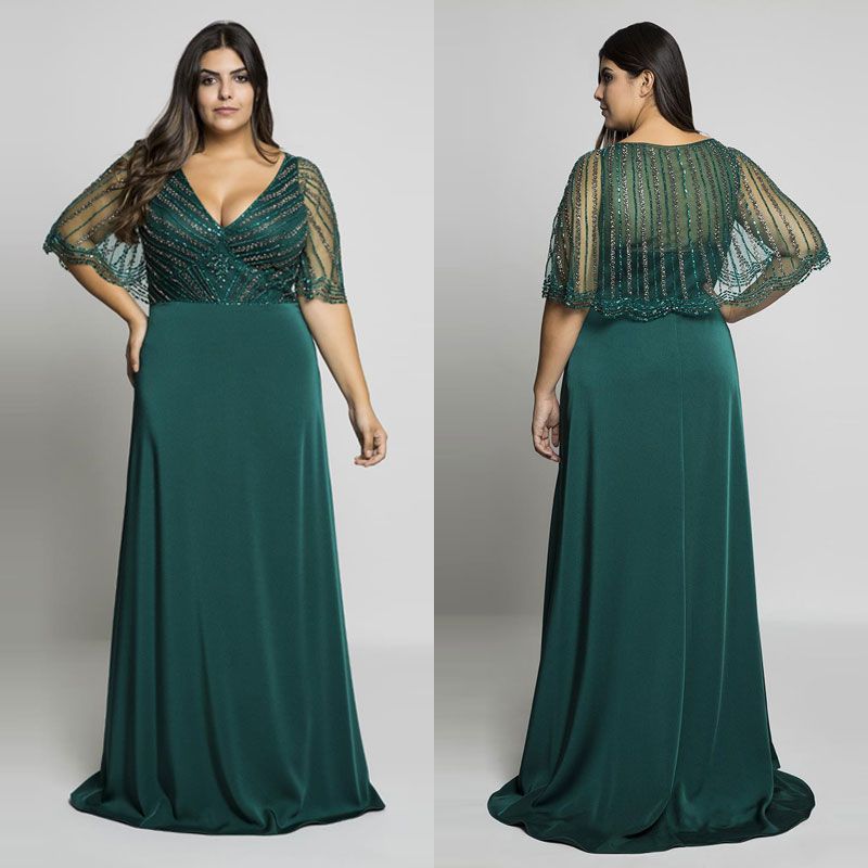 Hunter Green Beading Plus Size Prom Dresses V Neck Evening ...