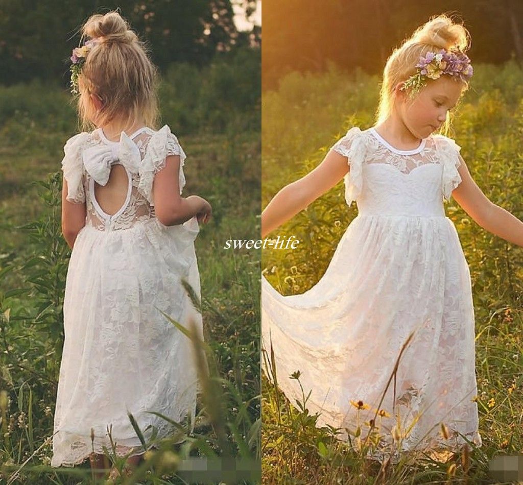 Cute Flower Girl Dresses for Weddings Short Sleeve Full Lace Keyhole Back Ankle Length Boho