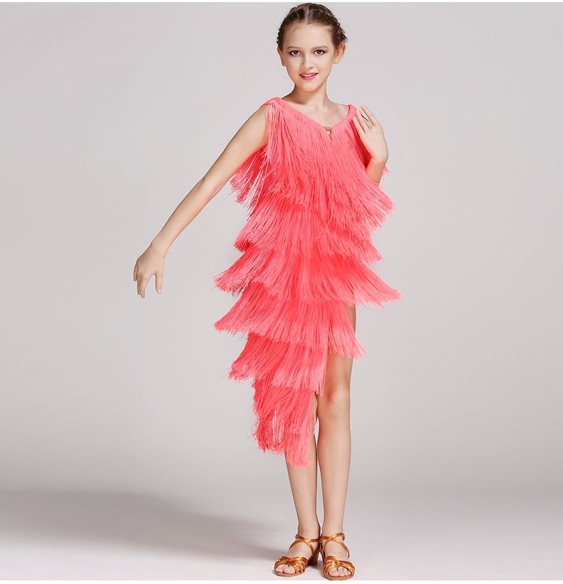 es rosa vestido de baile moderno para niñas competencia de baile vestido de salsa latina vestido de baile latino borla niños ropa de baile latino samba