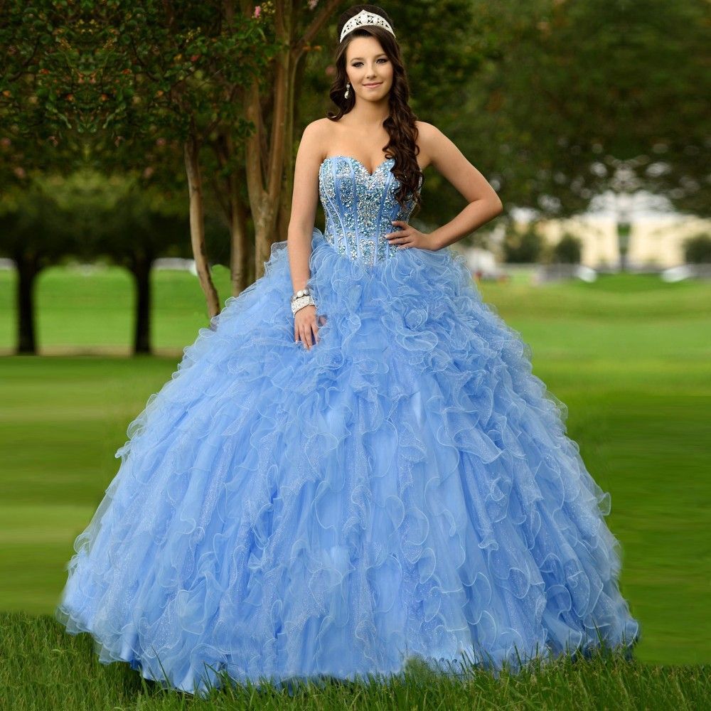 Sky Blue Crystal Ball Gowns Quinceanera Dresses 2017 Cascading Ruffles