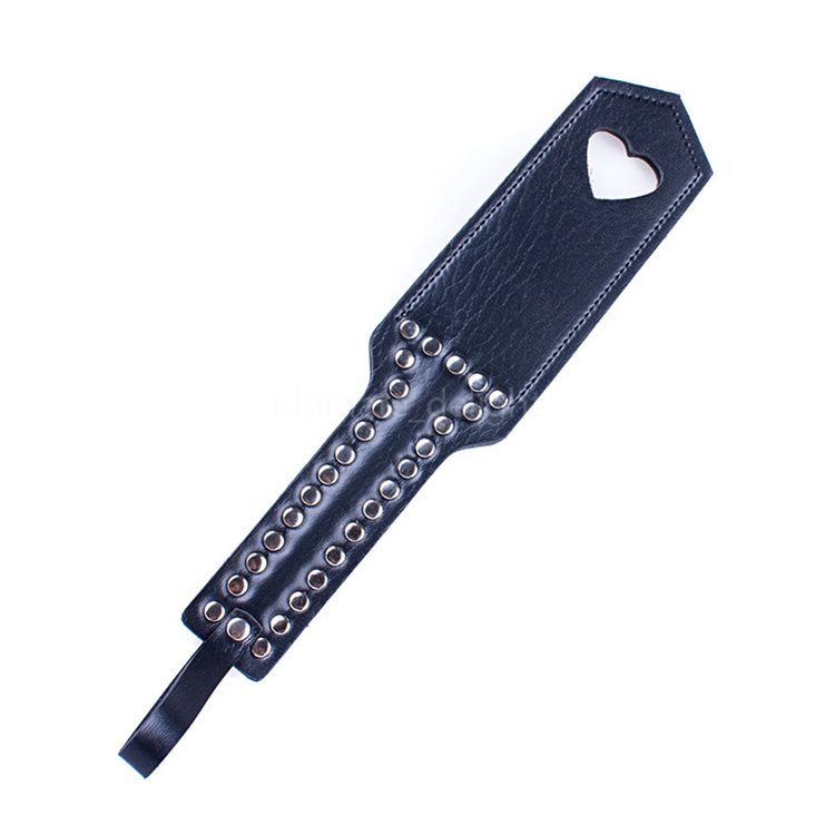 270mm Black Leather Studed Hollow Heart Paddle BDSM
