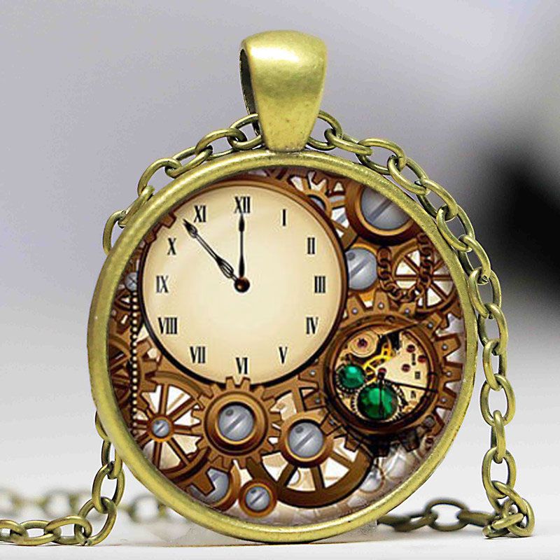 Wholesale Steampunk Clock Glass Dome Pendant Necklaces Charms Personality Mechanical Watches