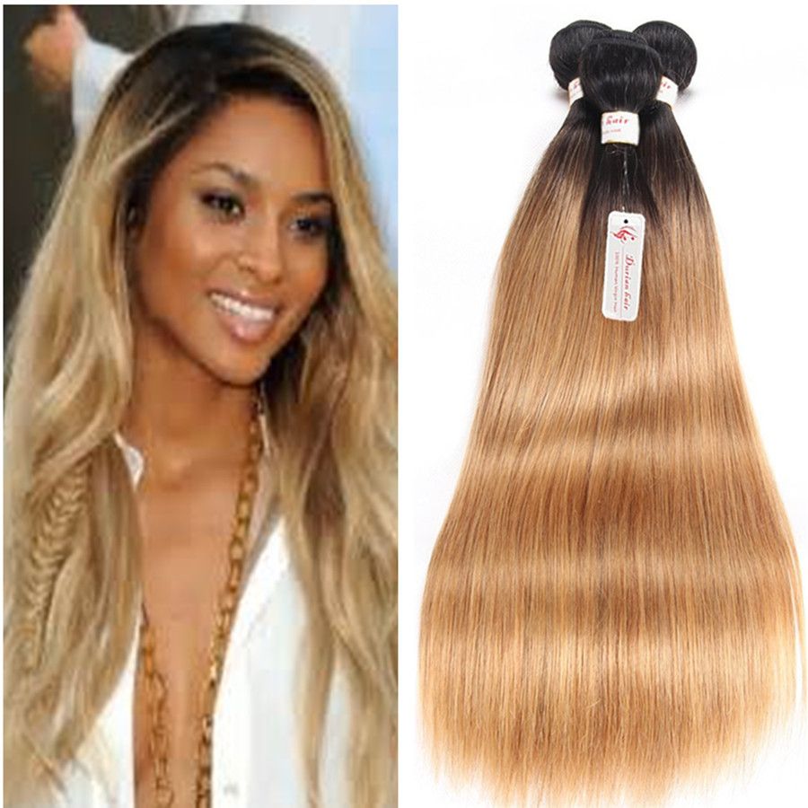 2018 T1B 27 Dark Root Honey Blonde Straight Ombre Human Hair Weave 3