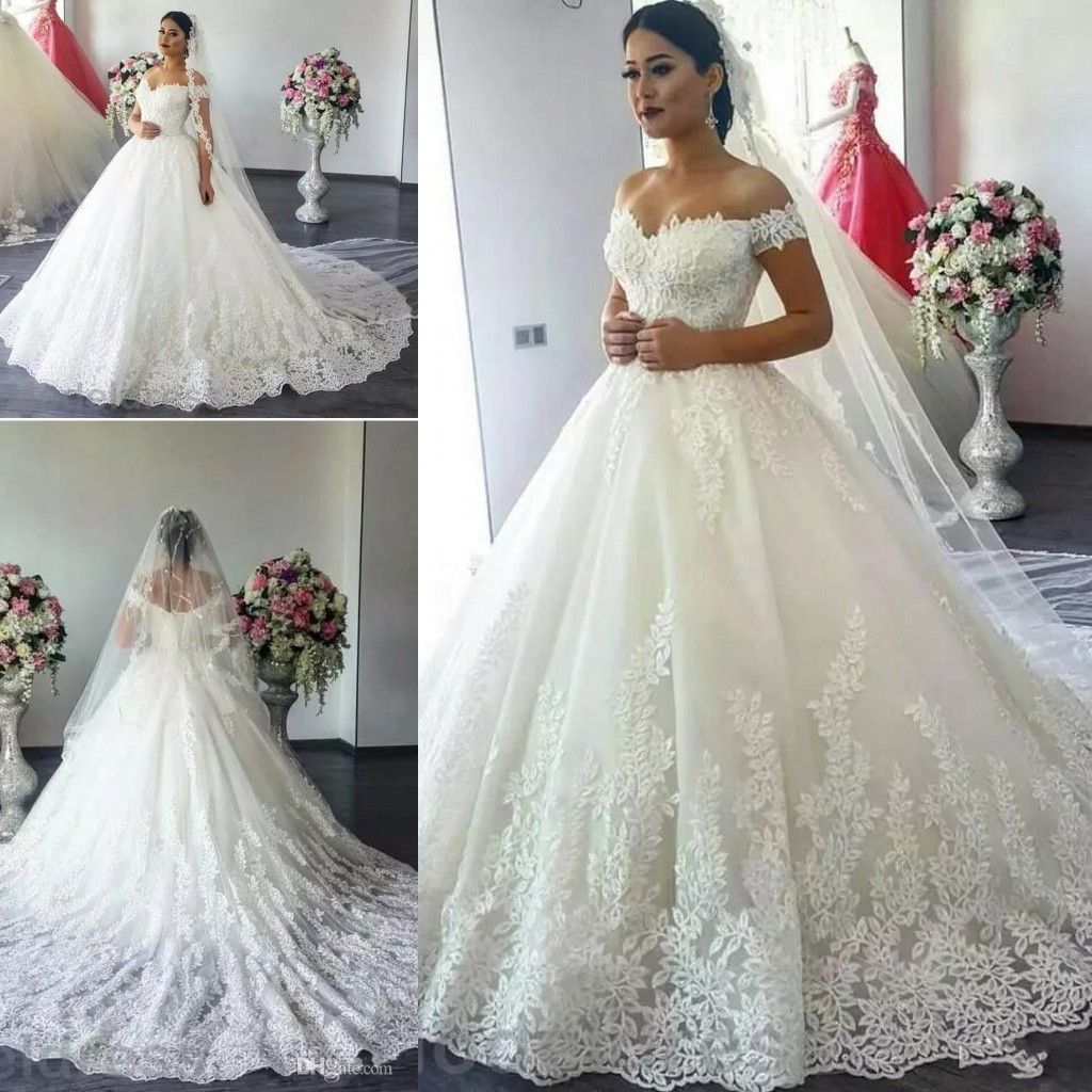 2017 Pas Cher Modeste Arabie Saoudite Cap Manches Une Ligne Robes De Mariée épaule Complète Dentelle Appliques Plus La Taille Court Train Formelle