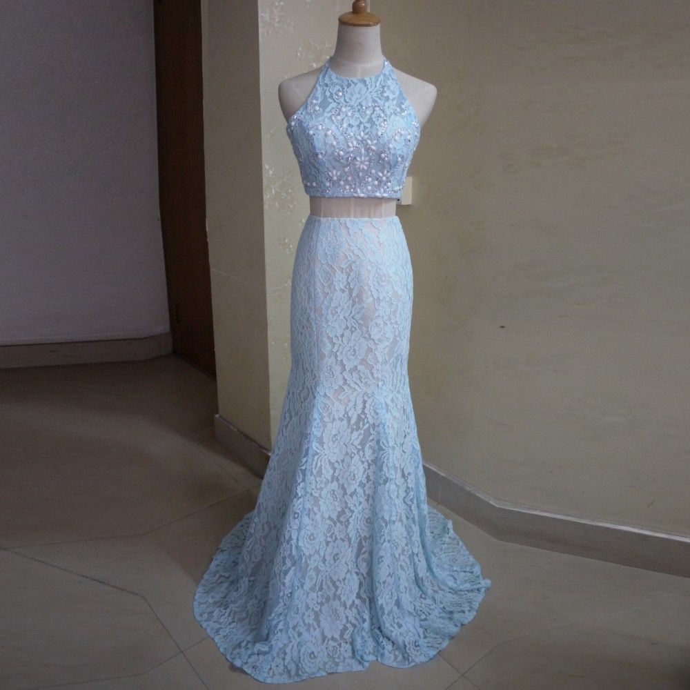 2019 Blue Two Piece Evening Dress Long Lace Bridal Mermaid Prom Dress Cheap