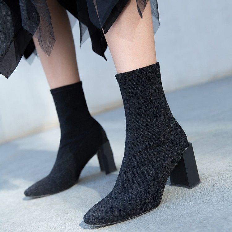 Sock Boots Women Black Square Toe Slip On High Heels Chunky Heel ...