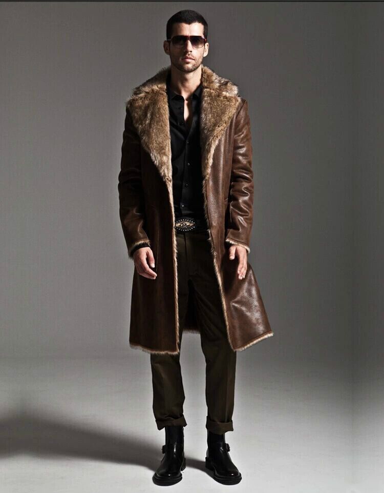 Mens long cheap faux fur coat winter fashion leather