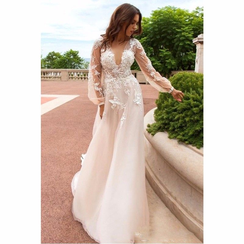 Lace Floral Vintage Beach Wedding Dresses 2020 Deep V-neck Long Sleeves Beaded Bridal Dresses A-line Sexy Wedding Gowns