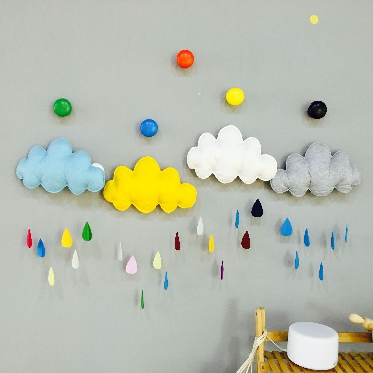 Cartoon Colorful Wall Stickers Fabric Silk Wadding Cloud Raindrop Cartoon Colorful Wall Stickers Fabric Silk Wadding Cloud Raindrop Removable Kids Baby Room Nursery Creative Wind Chimes Hanging Decor